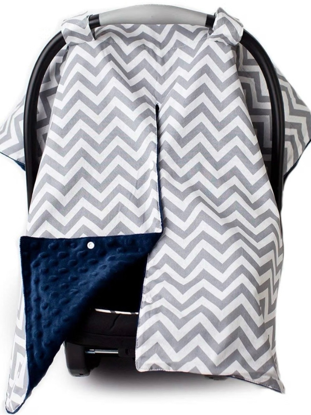 2 in 1 Gray Chevron Carseat and Nursing Cover with Navy Minky Lining